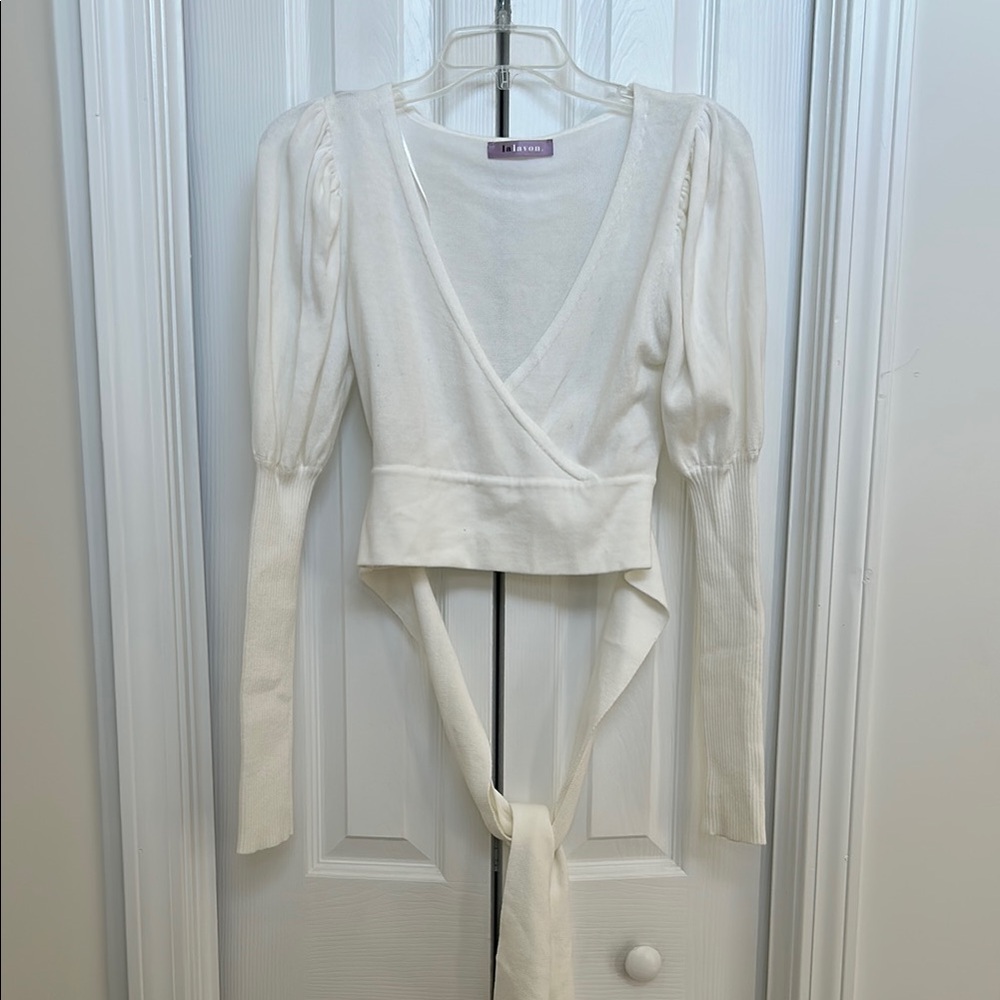 Lalavon White Long Sleeve Wrap Cropped Blouse